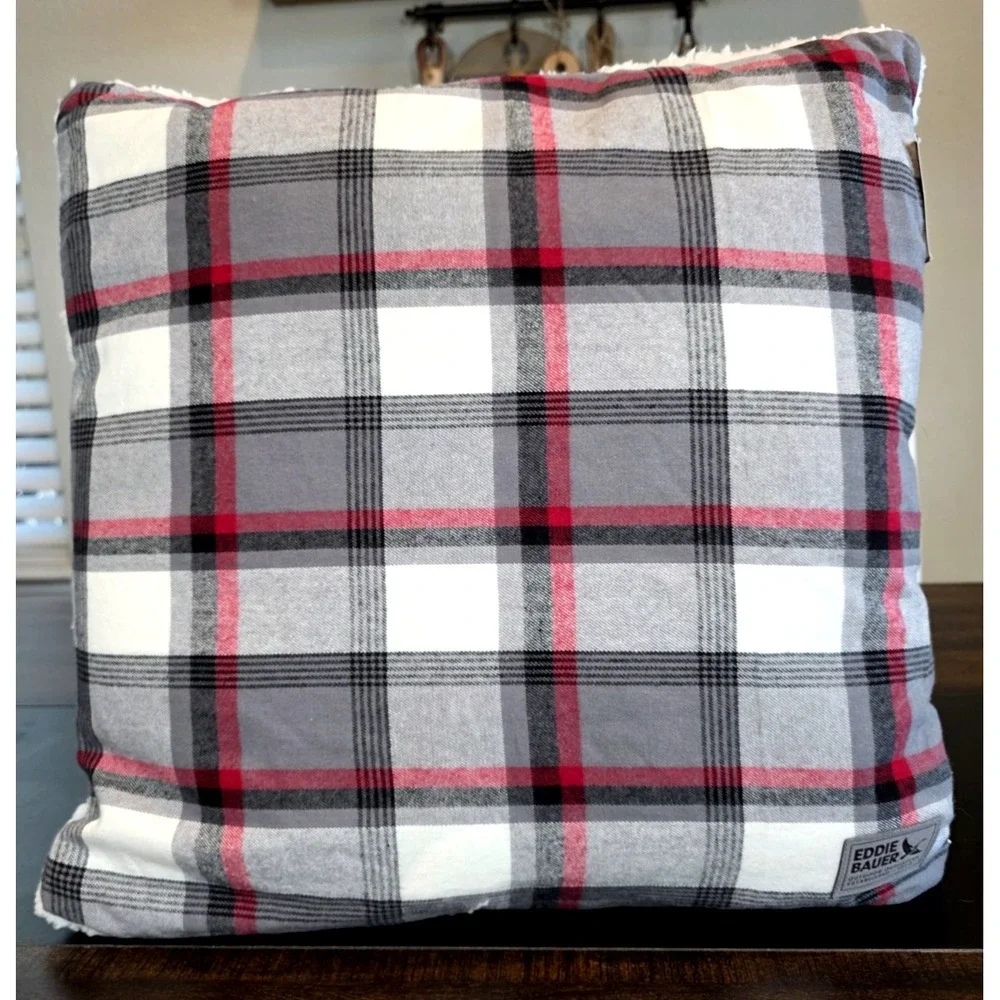 Eddie Bauer Decorative Throw Pillow Wallace Plaid Sherpa Red Black Square 20 NEW